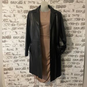 Vintage 90s Lambskin Leather Car Coat Black Long trench Minimalist Medium Noir